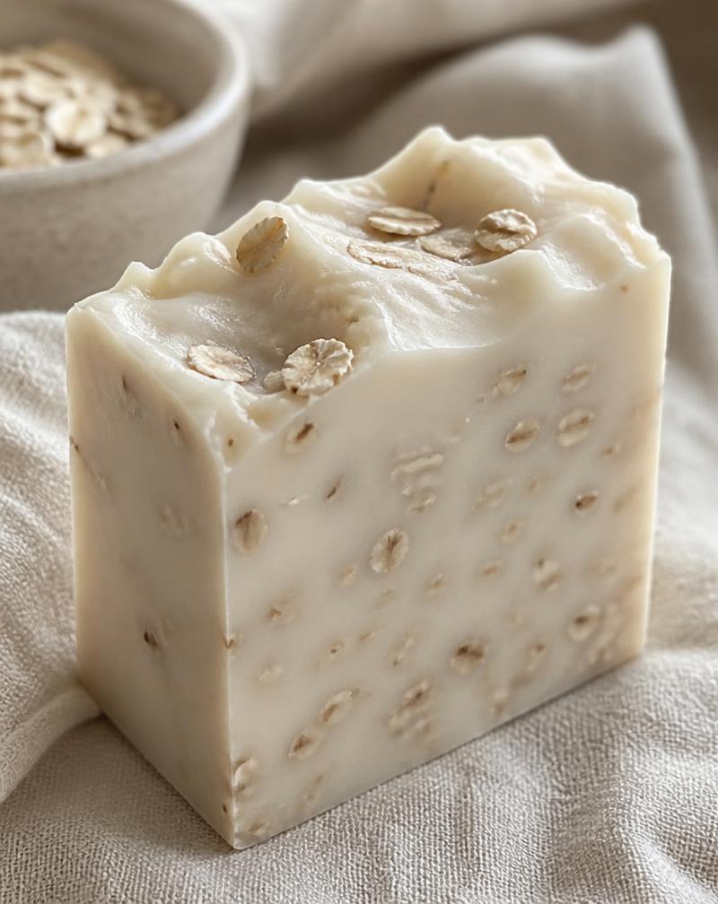 Sabonete artesanal branco e cremoso com flocos de aveia