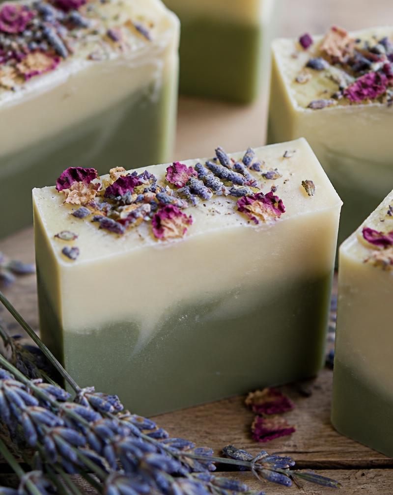 Sabonetes artesanais decorados com pétalas e lavanda seca