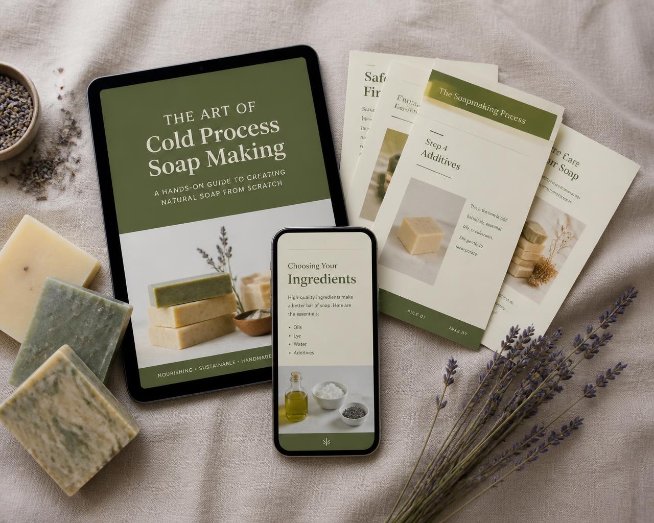 E-book Arte do Cold Process aberto em tablet e celular ao lado de páginas impressas e sabonetes artesanais